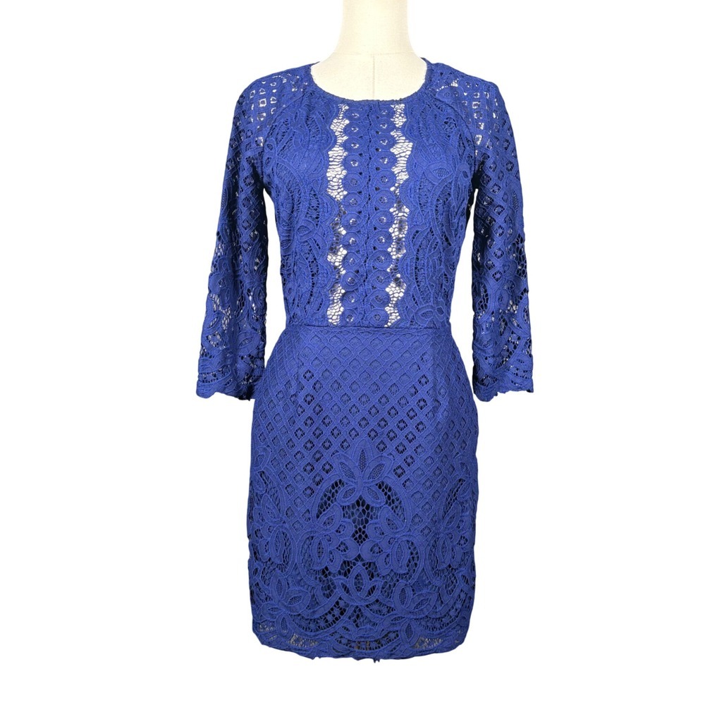 Saylor Lace Open Back Sheath Dress Womens Small Royal Blue Cocktail